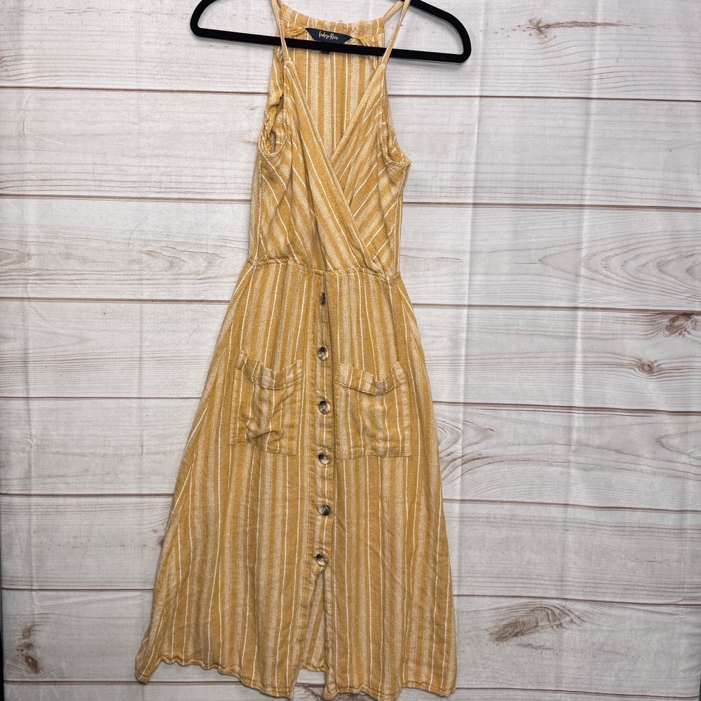 Indigo Rein Women's Small Mustard Stripe Button Front Midi Maxi Sundress Boho
